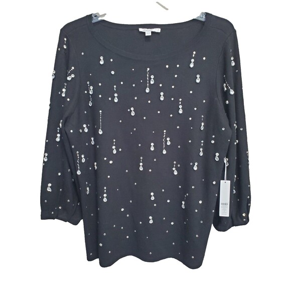 Chico's Black Drop Rhinestone Embellished Boat Neck Sweater Size 2 Large NWT - Picture 1 of 8